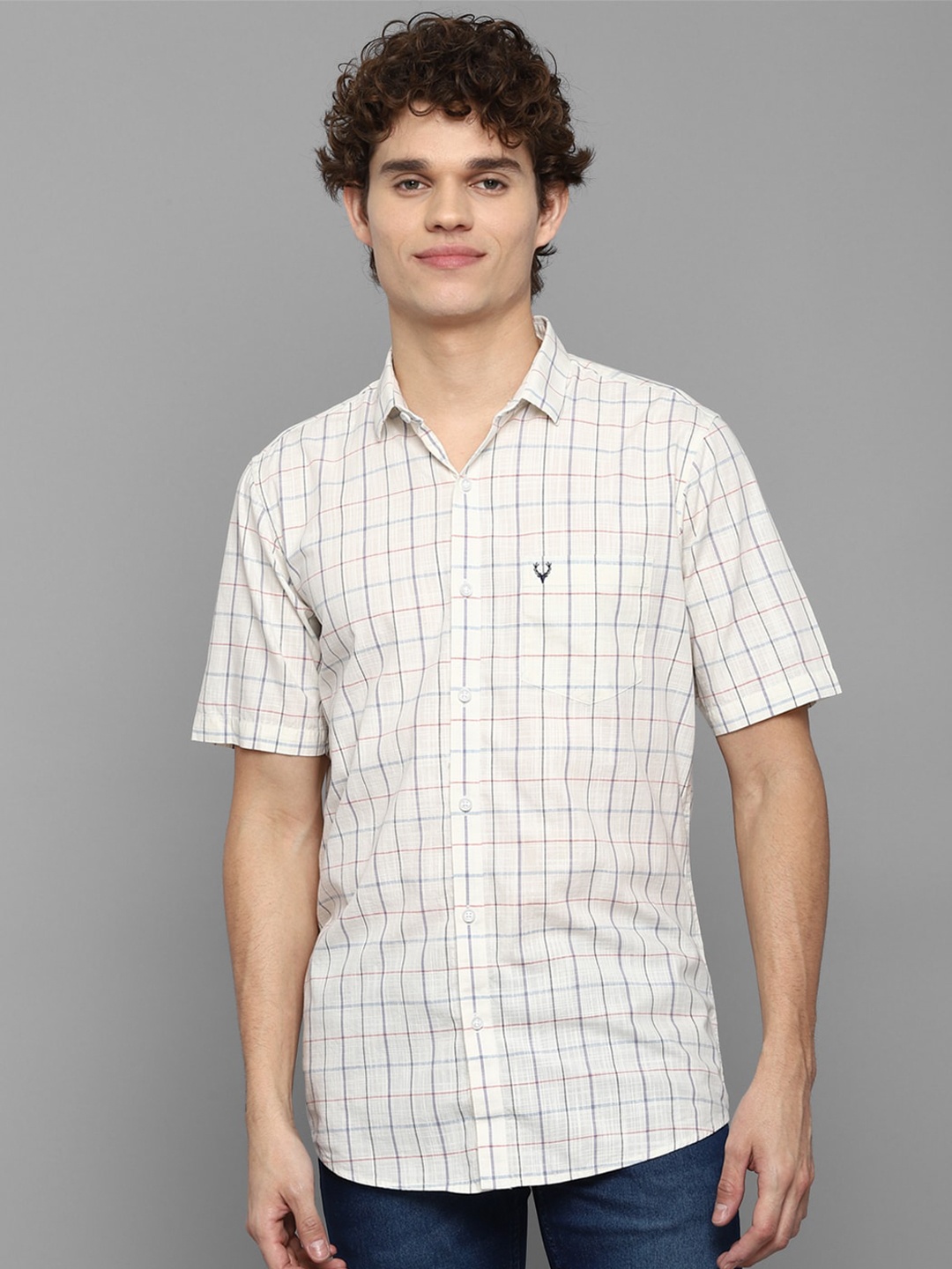 

Allen Solly Men Cream Slim Fit Grid Tattersall Checks Casual Shirt