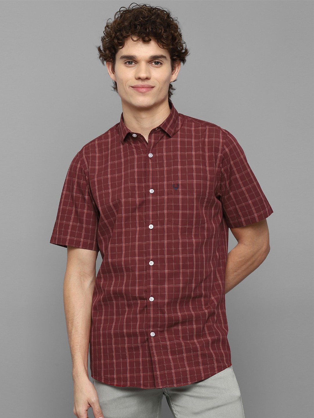 

Allen Solly Men Maroon Slim Fit Windowpane Checks Checked Pure Cotton Casual Shirt