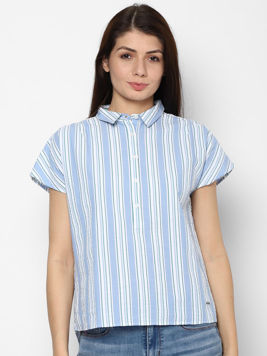 

Allen Solly Woman Women Blue Striped Casual Shirt