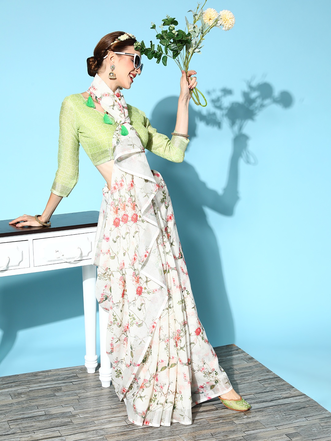 HERE&NOW Floral Pure Linen Saree with Zari Border, White