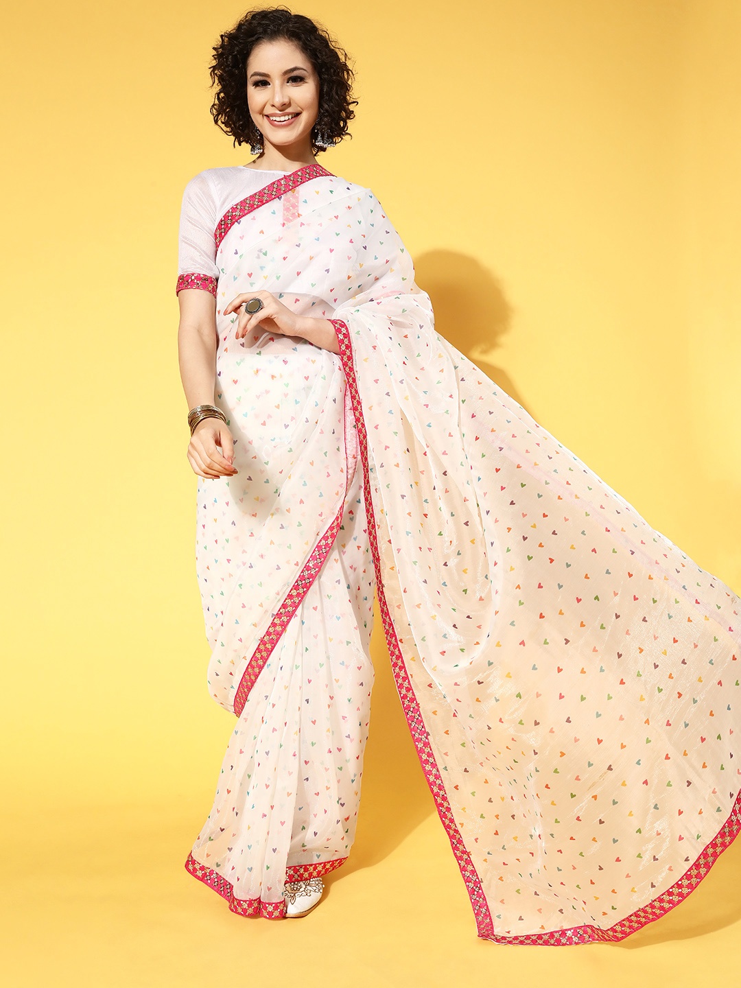 

HERE&NOW Abstract Saree with Embroidered Border, White