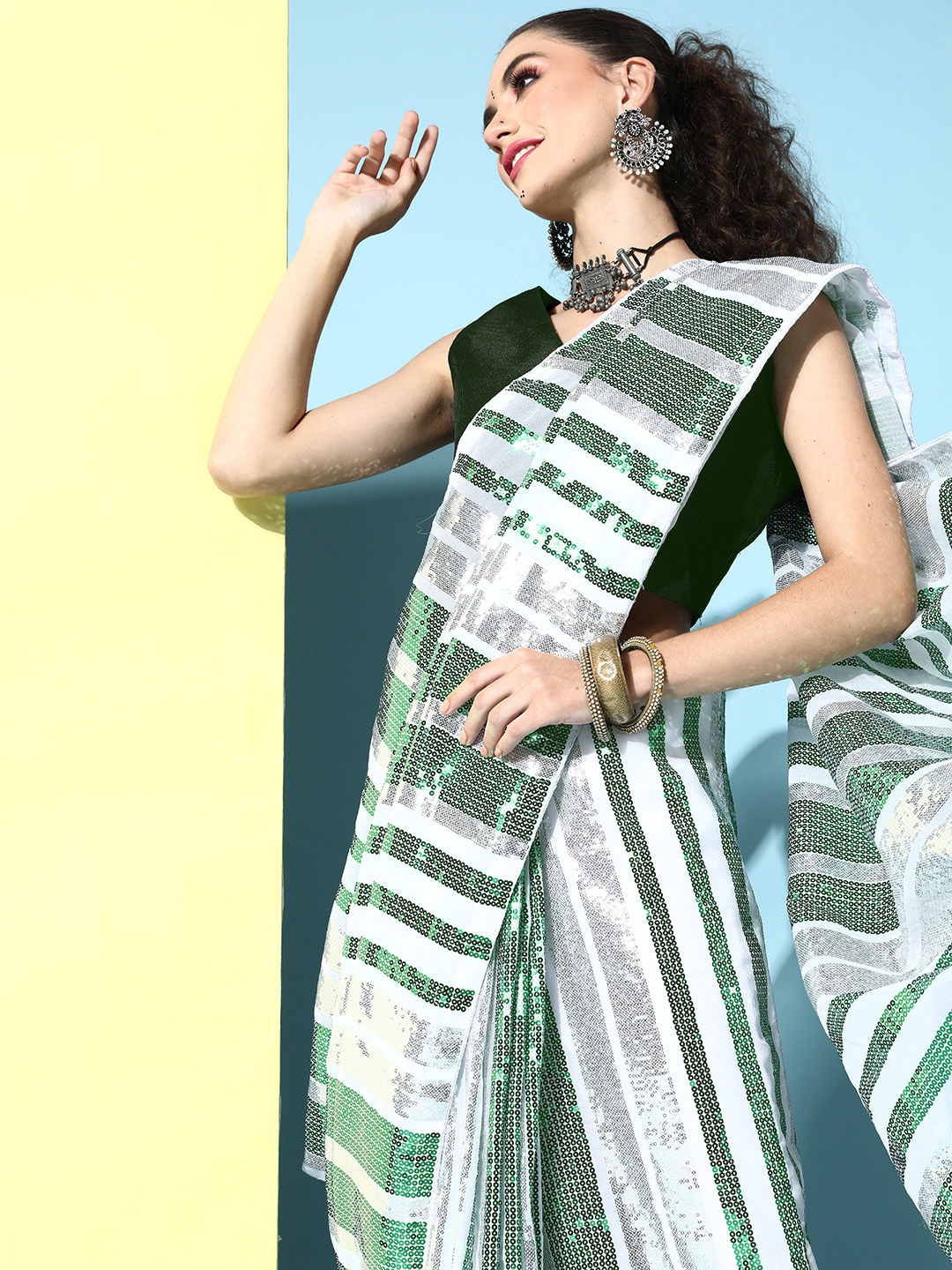 

HERE&NOW Striped Pure Georgette Saree with Embroidered Border, Green