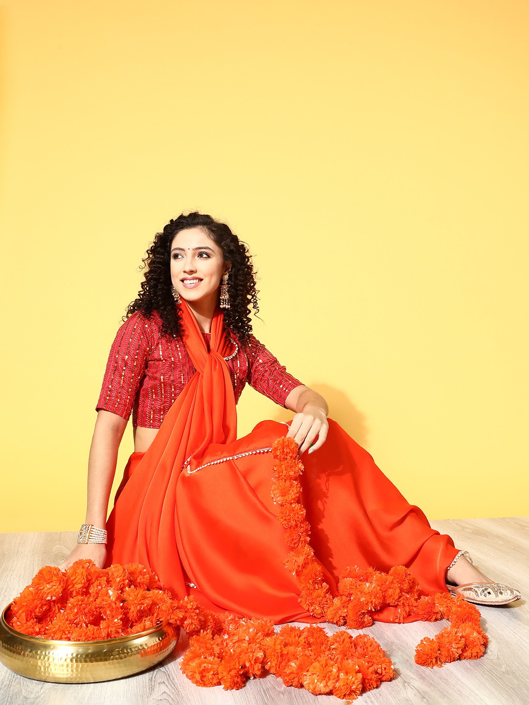 

HERE&NOW Solid Satin Saree with Embroidered Border, Orange