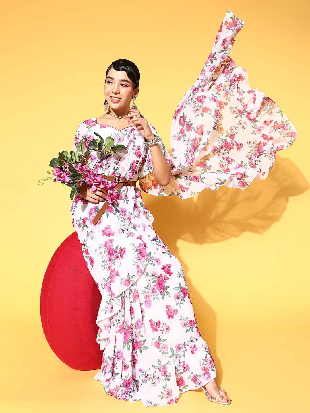 HERE&NOW Floral Pure Georgette Saree With Solid Border, Pink