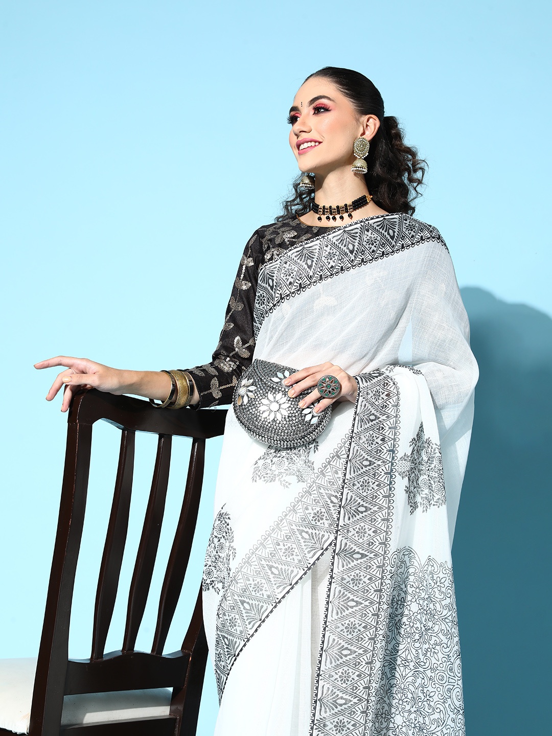 

HERE&NOW Ethnic Motifs Pure Linen Saree with Printed Border, White