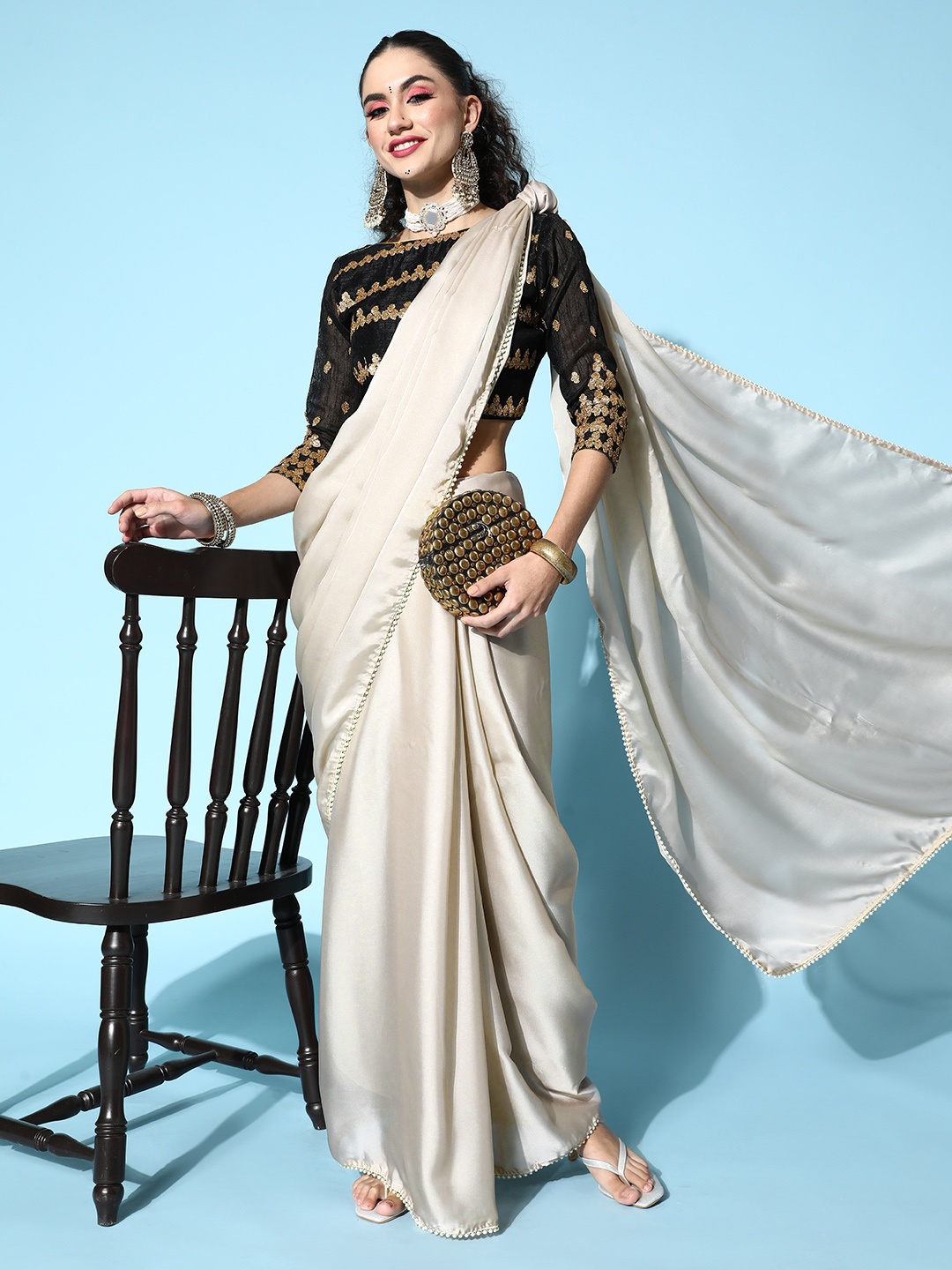 

HERE&NOW Solid Satin Saree with Embroidered Border, Grey melange