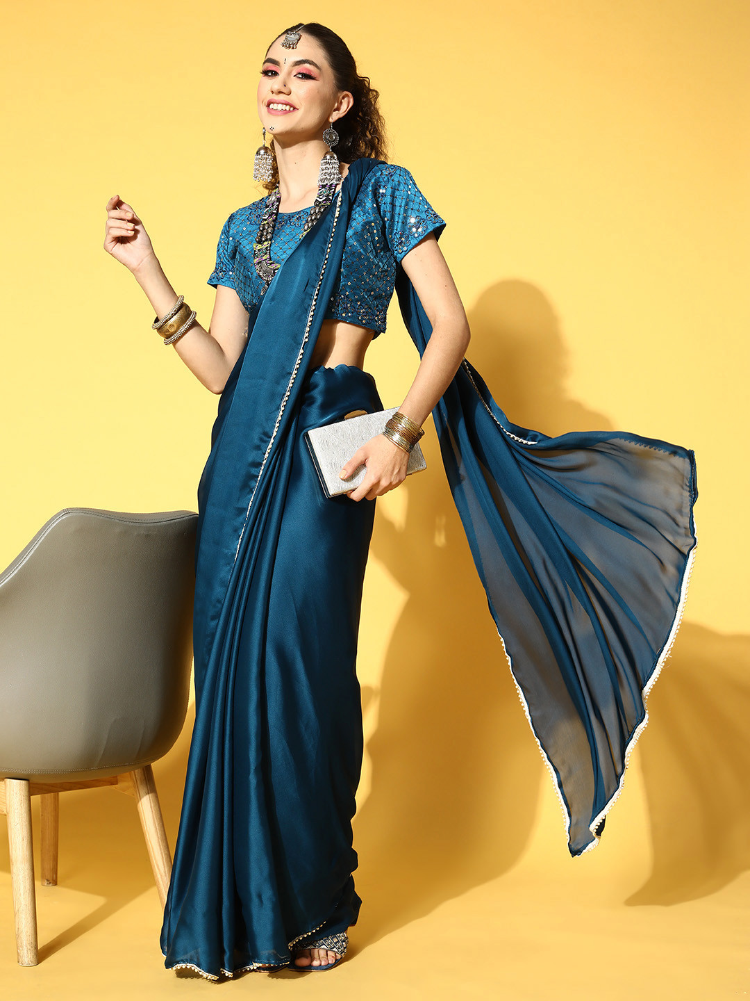 

HERE&NOW Solid Satin Saree with Embroidered Border, Teal