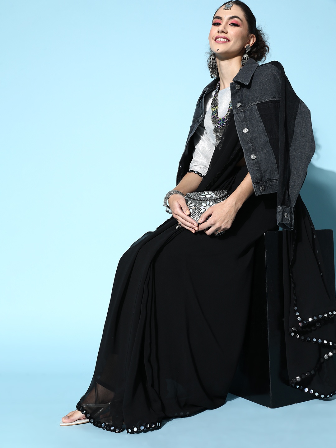 HERE&NOW Solid Pure Georgette Saree with Embroidered Border, Black