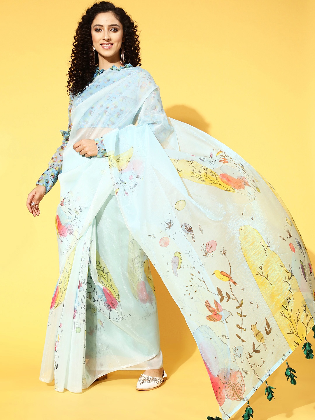 

HERE&NOW Floral Saree, Turquoise blue