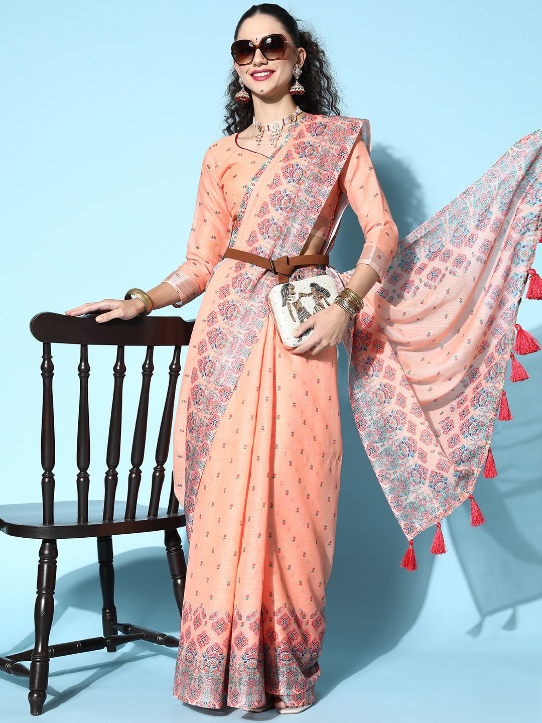 HERE&NOW Ethnic Motifs Pure Linen Saree with Zari Border, Peach