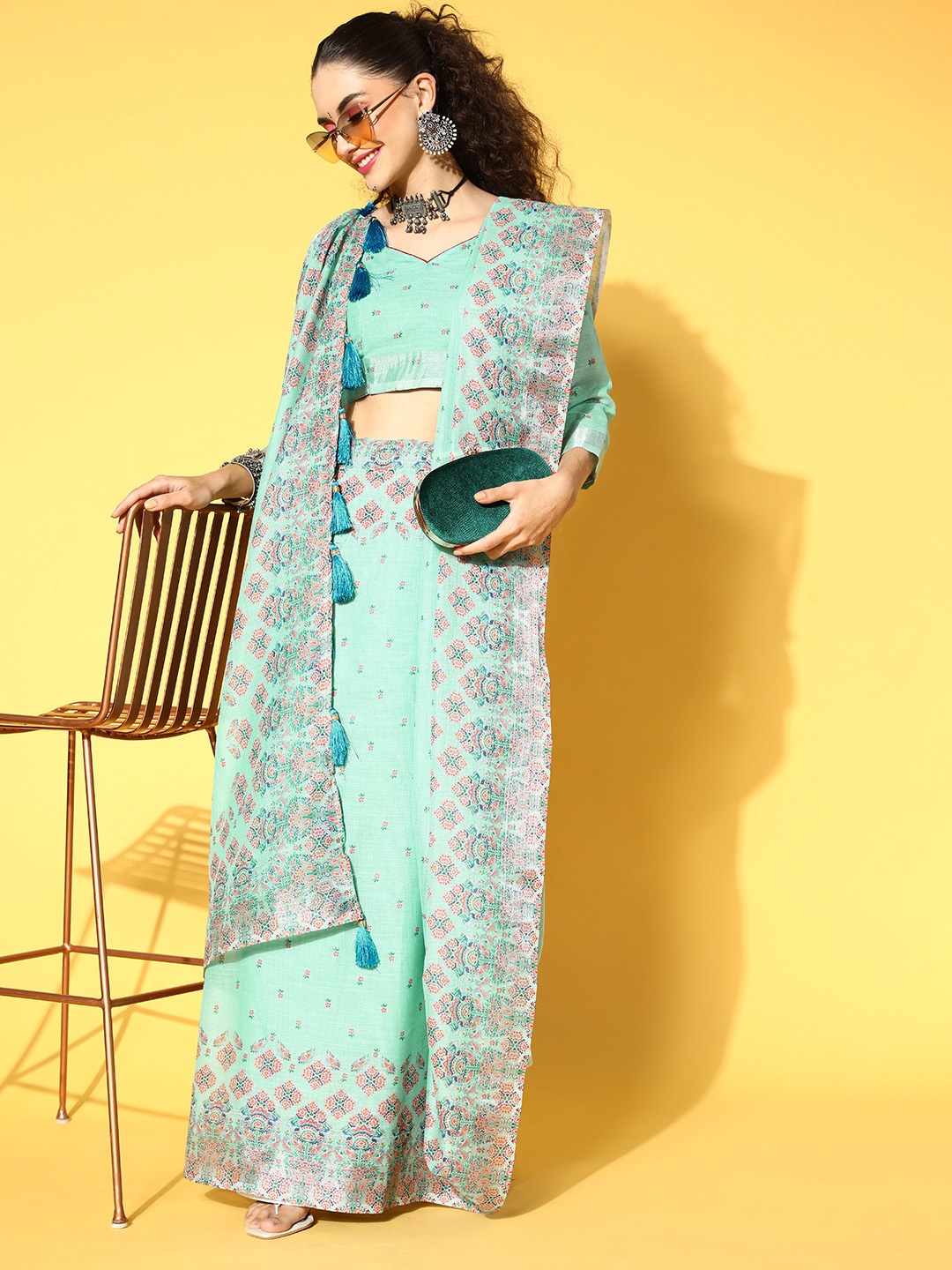 

HERE&NOW Ethnic Motifs Pure Linen Saree with Zari Border, Sea green