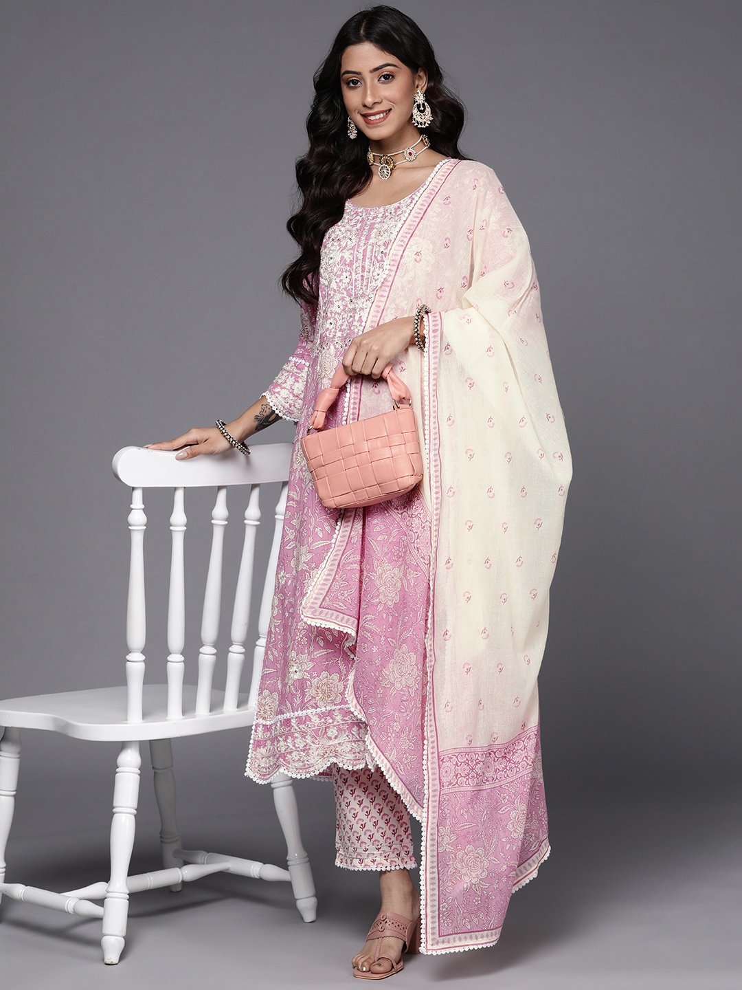 

KSUT Women Mauve Pure Cotton Floral Embroidered Kurta with Trousers & With Dupatta