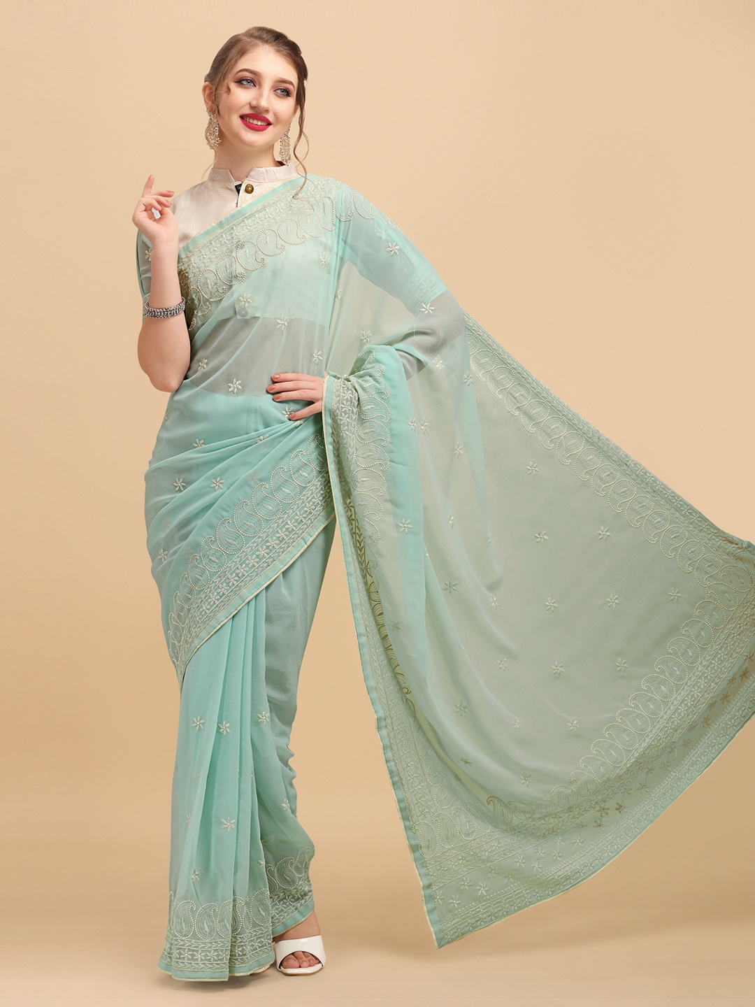 

Sangria Sea Green & Cream-Coloured Ethnic Motifs Embroidered Silk Blend Saree