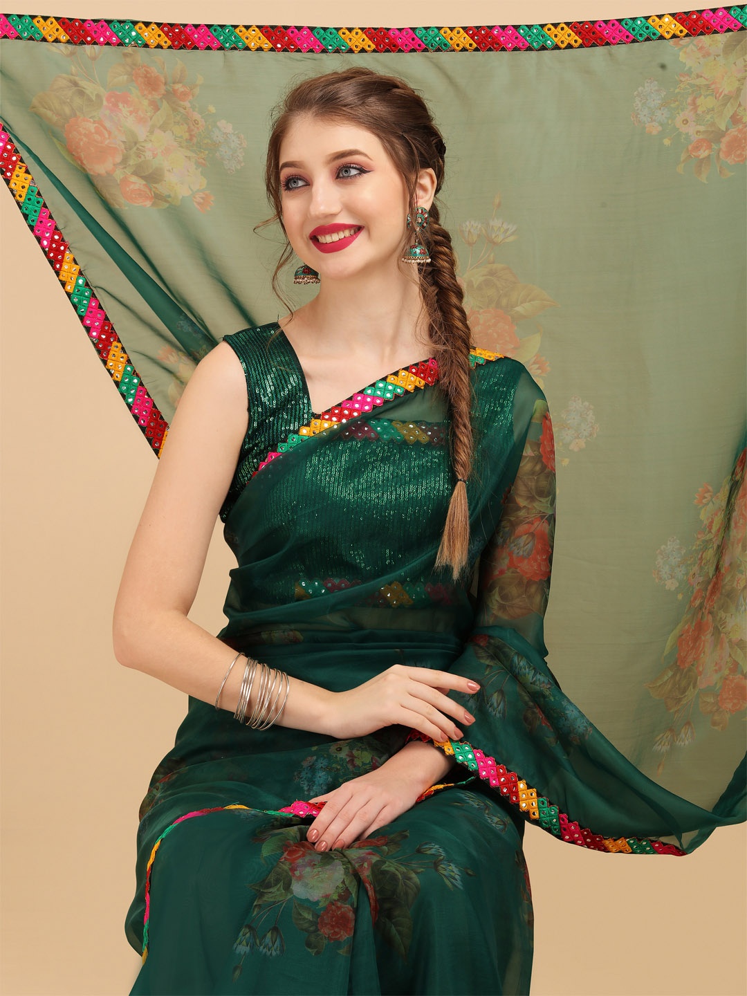 

Sangria Green & Red Floral Printed Mirror Work Organza Saree
