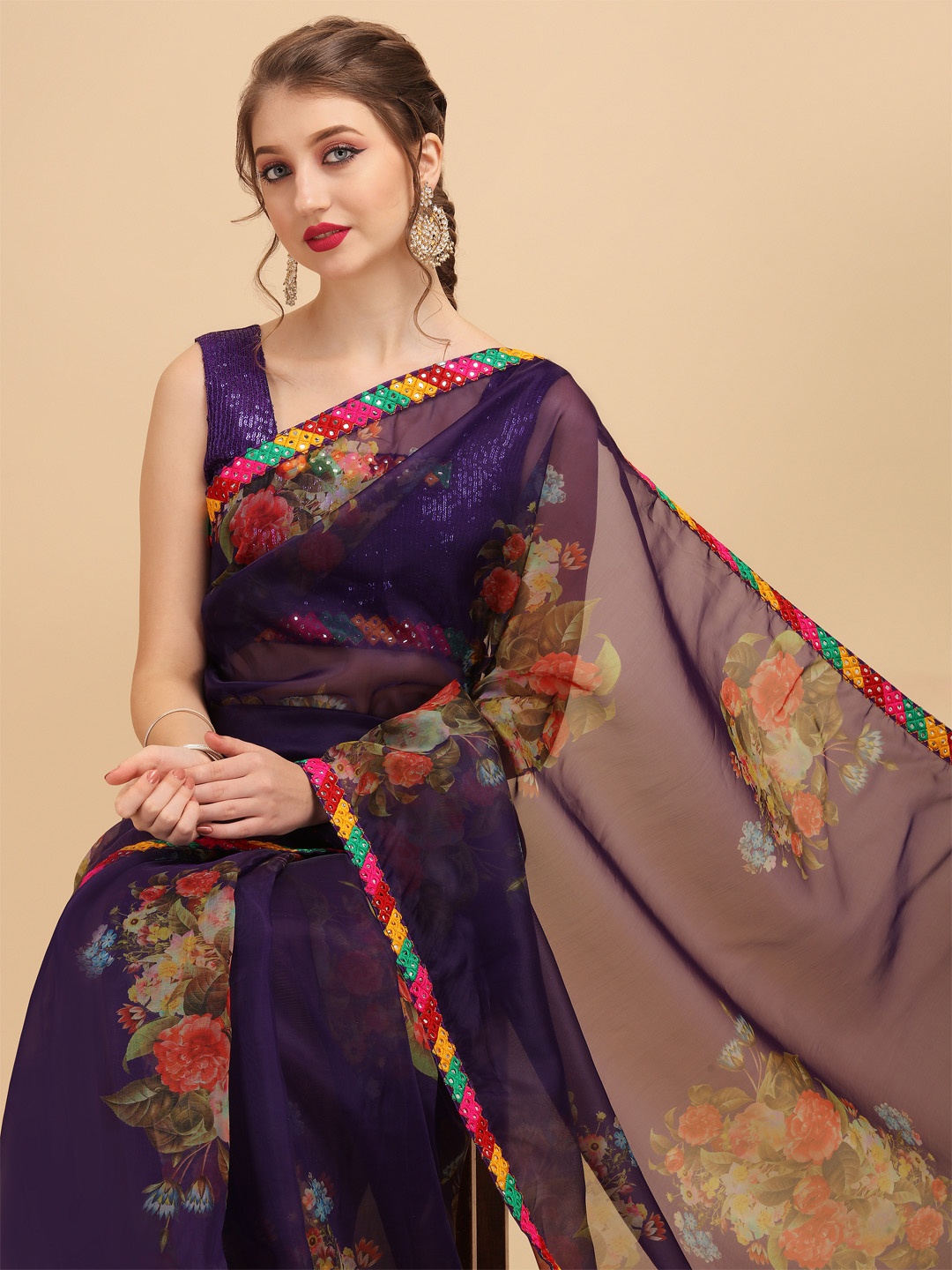 Sangria Purple & Red Floral Mirror Work Organza Saree