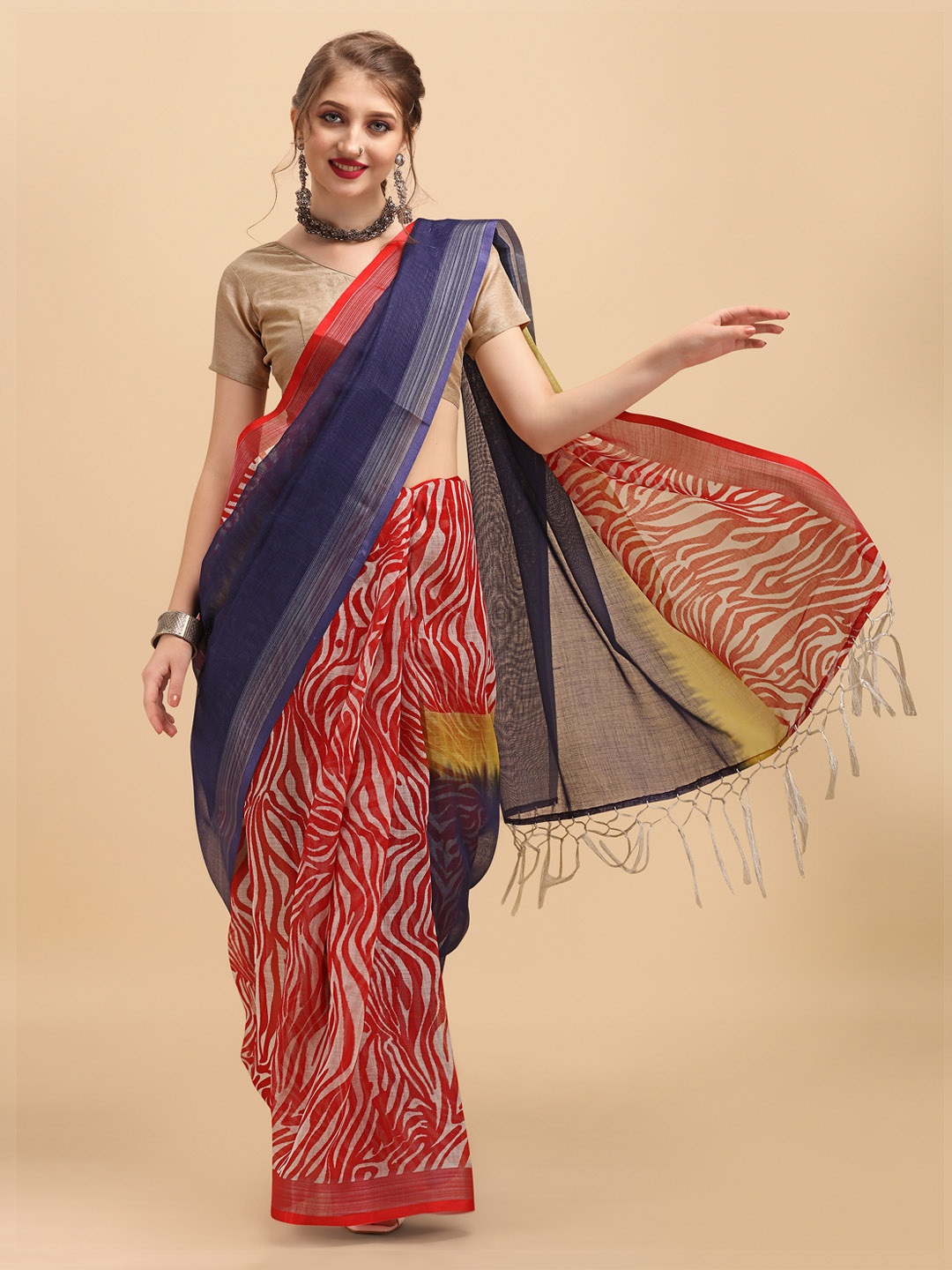 

Sangria Red & Navy Blue Jaali Pure Linen Saree