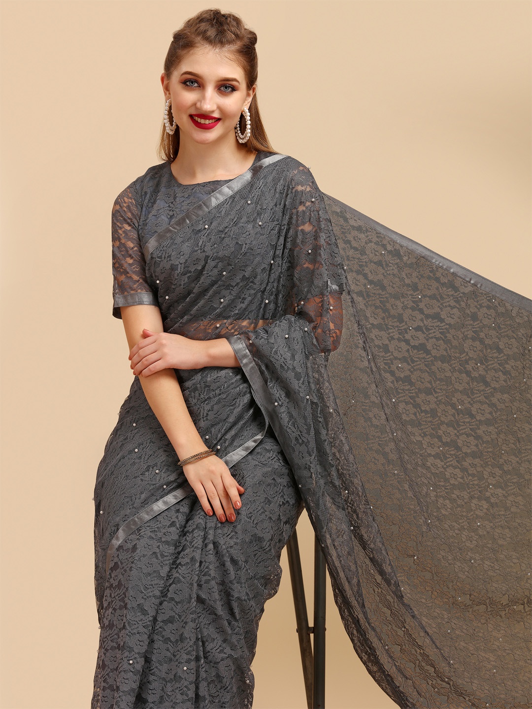 

Sangria Grey Floral Beads and Stones Lace Saree