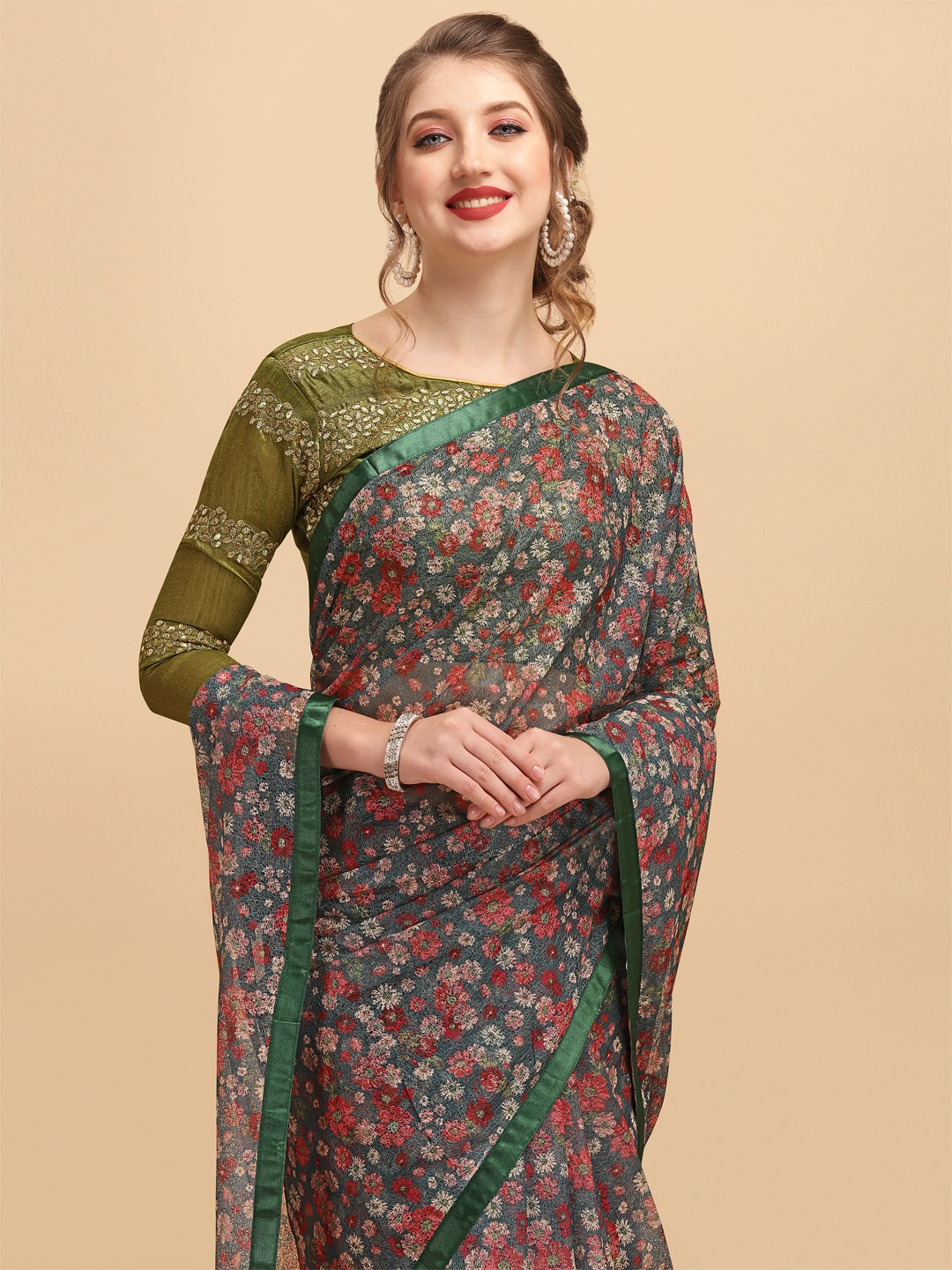 

Sangria Olive Green & Red Floral Lace Saree