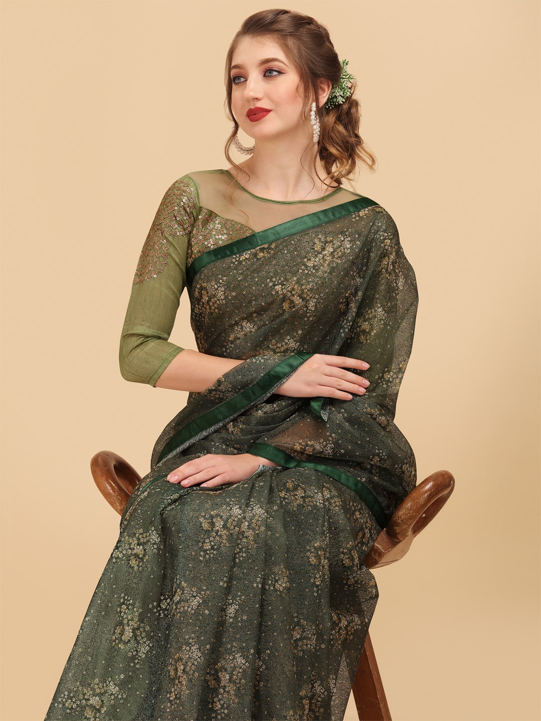 

Sangria Olive Green & Beige Floral Embroidered Lace Saree