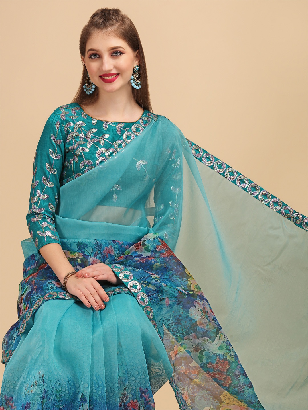 

Sangria Sea Green & Blue Floral Sequinned Organza Saree