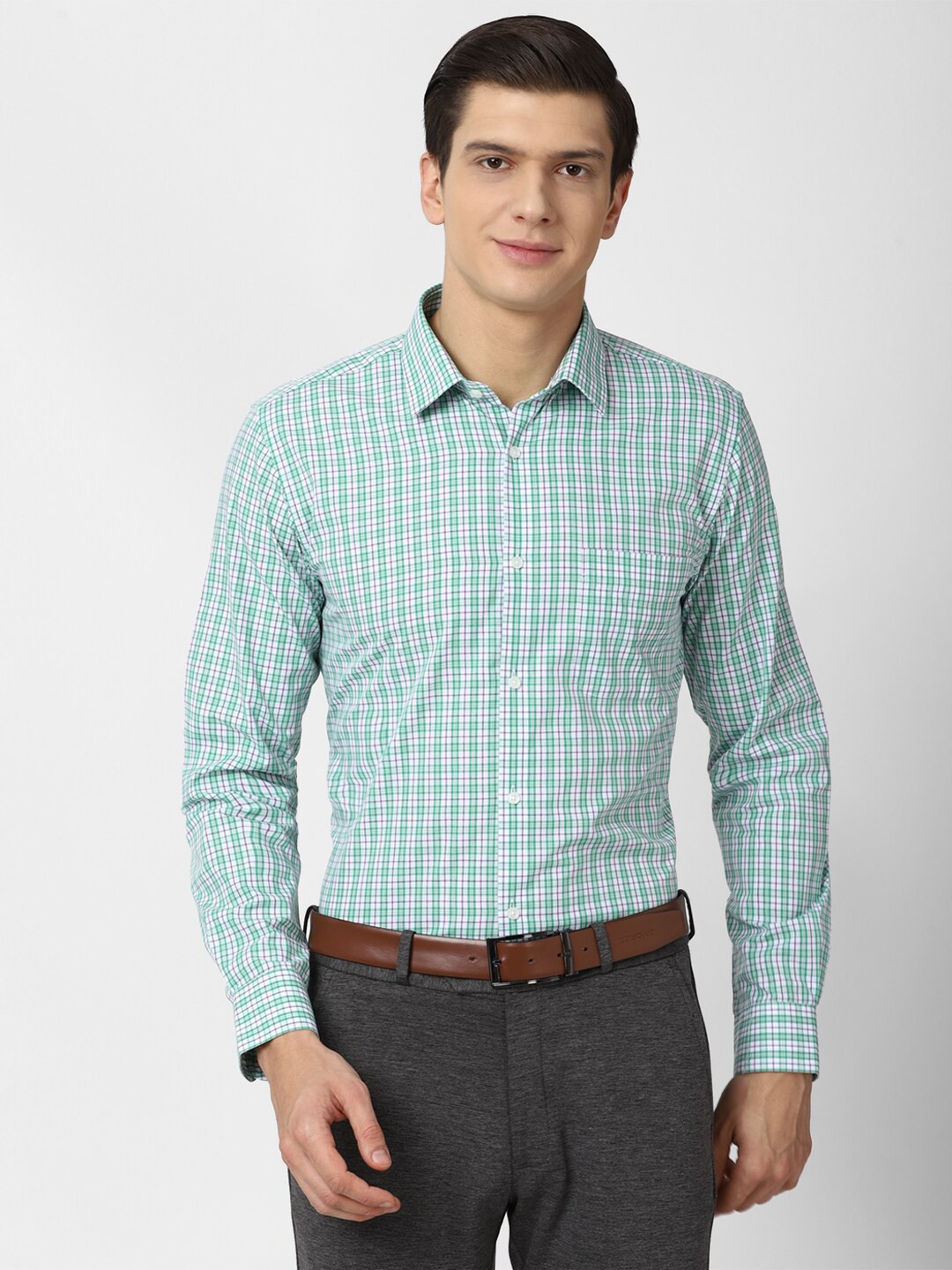 

Peter England Men Green & White Slim Fit Checked Formal Shirt