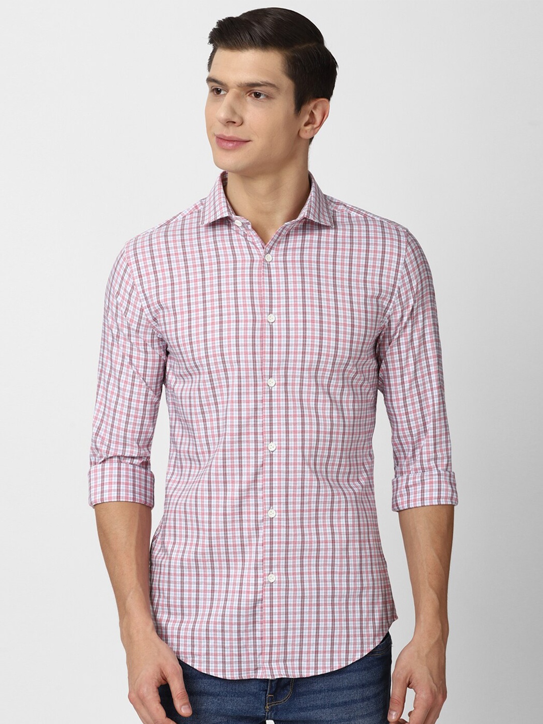 

Peter England Men Pink & White Slim Fit Grid Tattersall Checked Casual Shirt