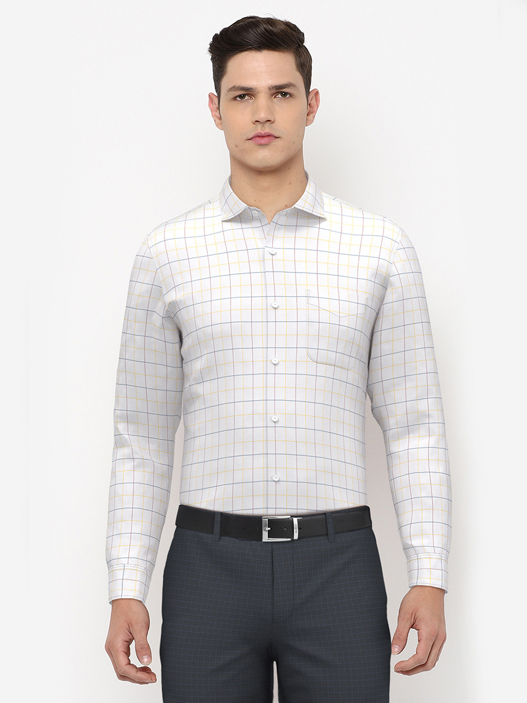 

Peter England Elite Men White & Yellow Slim Fit Grid Tattersall Checked Formal Shirt