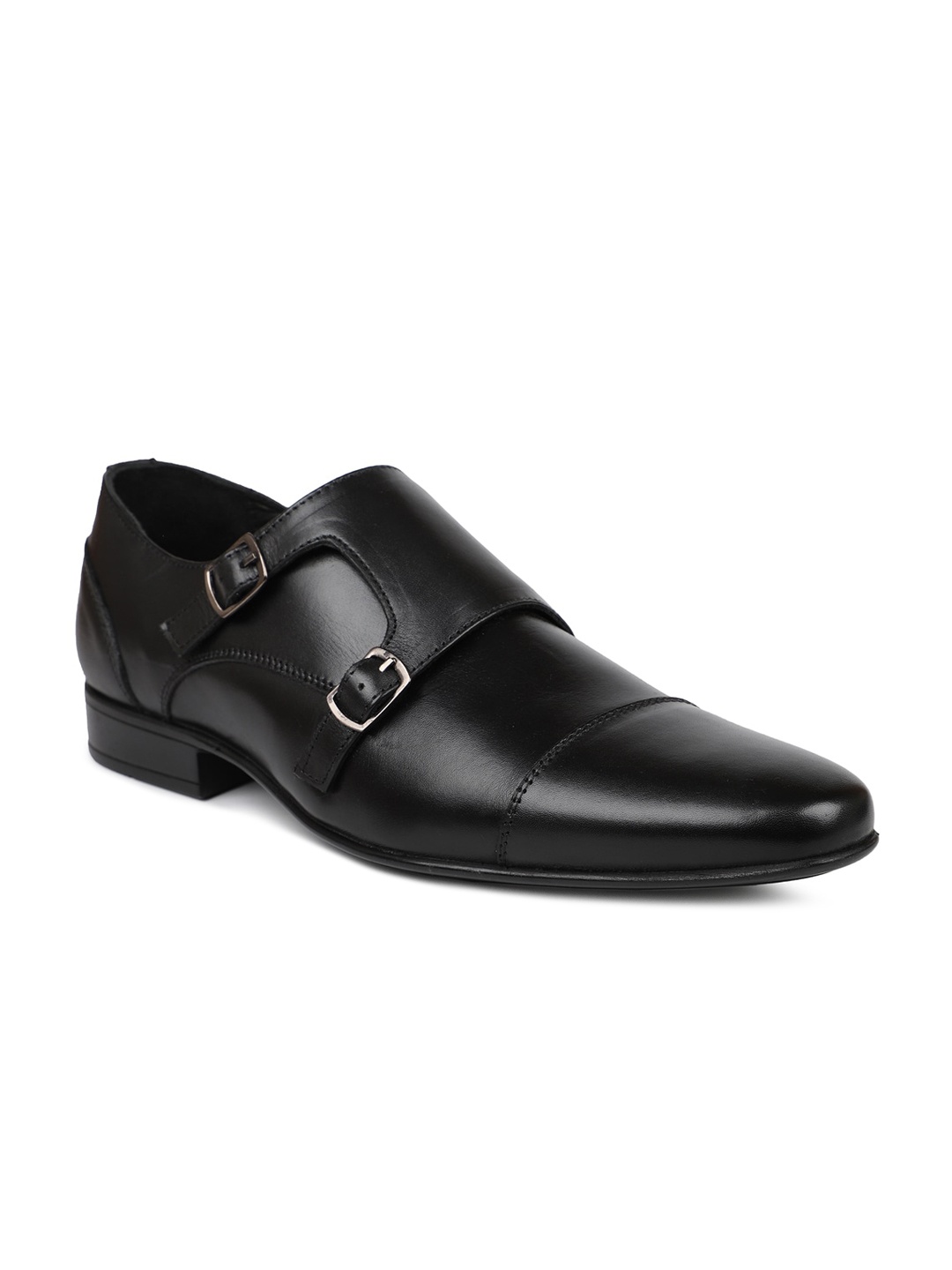 

PRIVO by Inc.5 Men Black Solid Leather Formal Monk Shoes