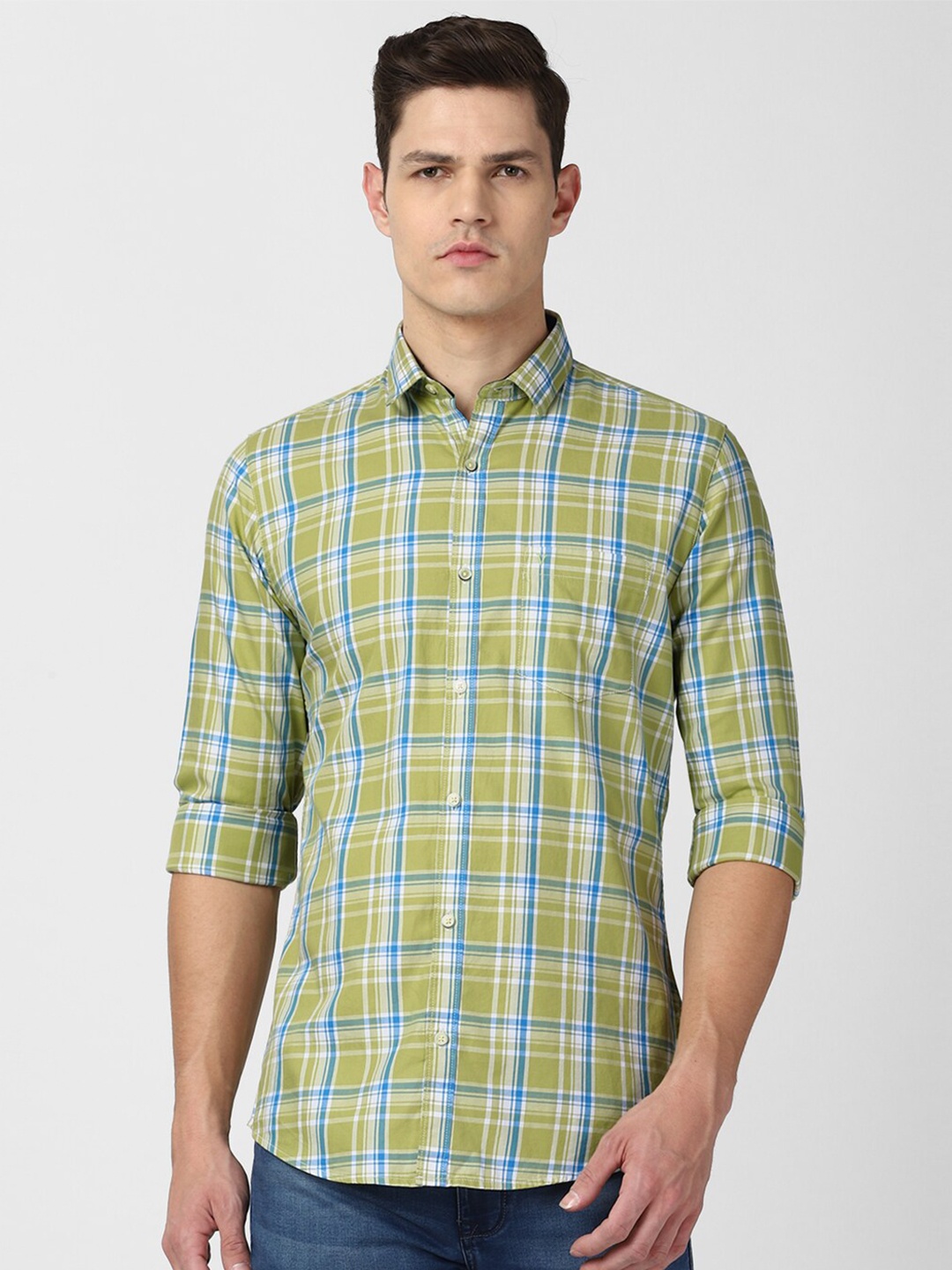 

Van Heusen Sport Men Green & Blue Slim Fit Tartan Tartan Checked Pure Cotton Casual Shirt