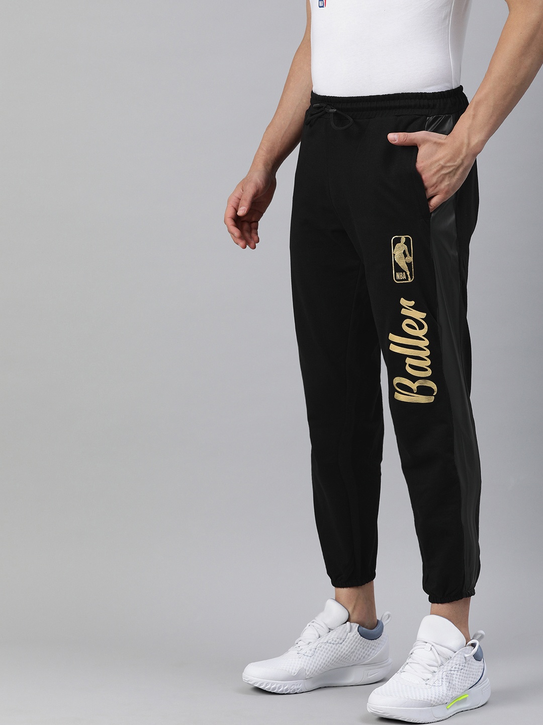 

NBA Men Black Brand Logo Printed Realxed Fit Faux Leather Basketball Joggers