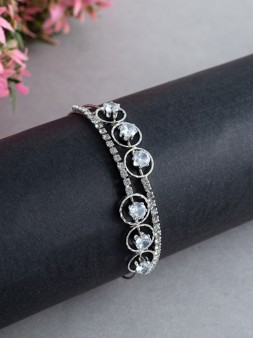 

Golden Peacock Girls Silver-Toned & White Handcrafted Bangle-Style Bracelet