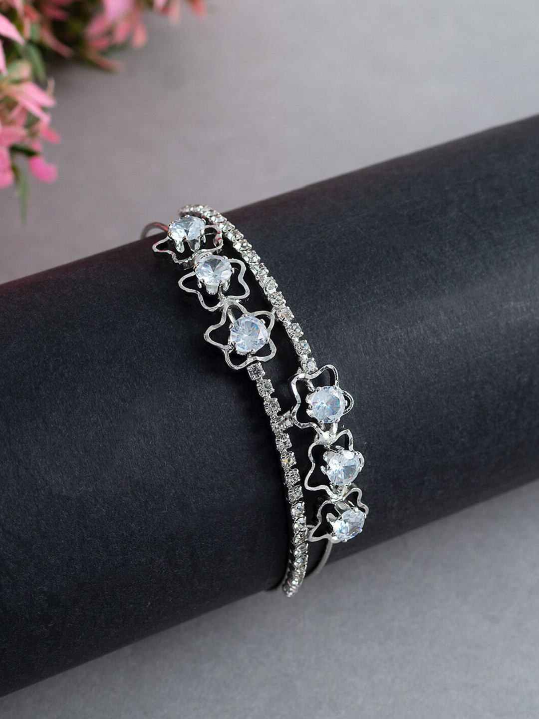 

Golden Peacock Girls Silver-Toned & White Handcrafted Bangle-Style Bracelet