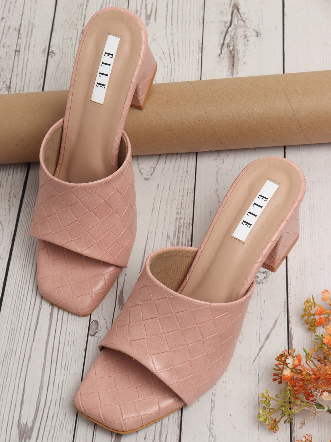 

ELLE Peach-Coloured Textured Block Mules