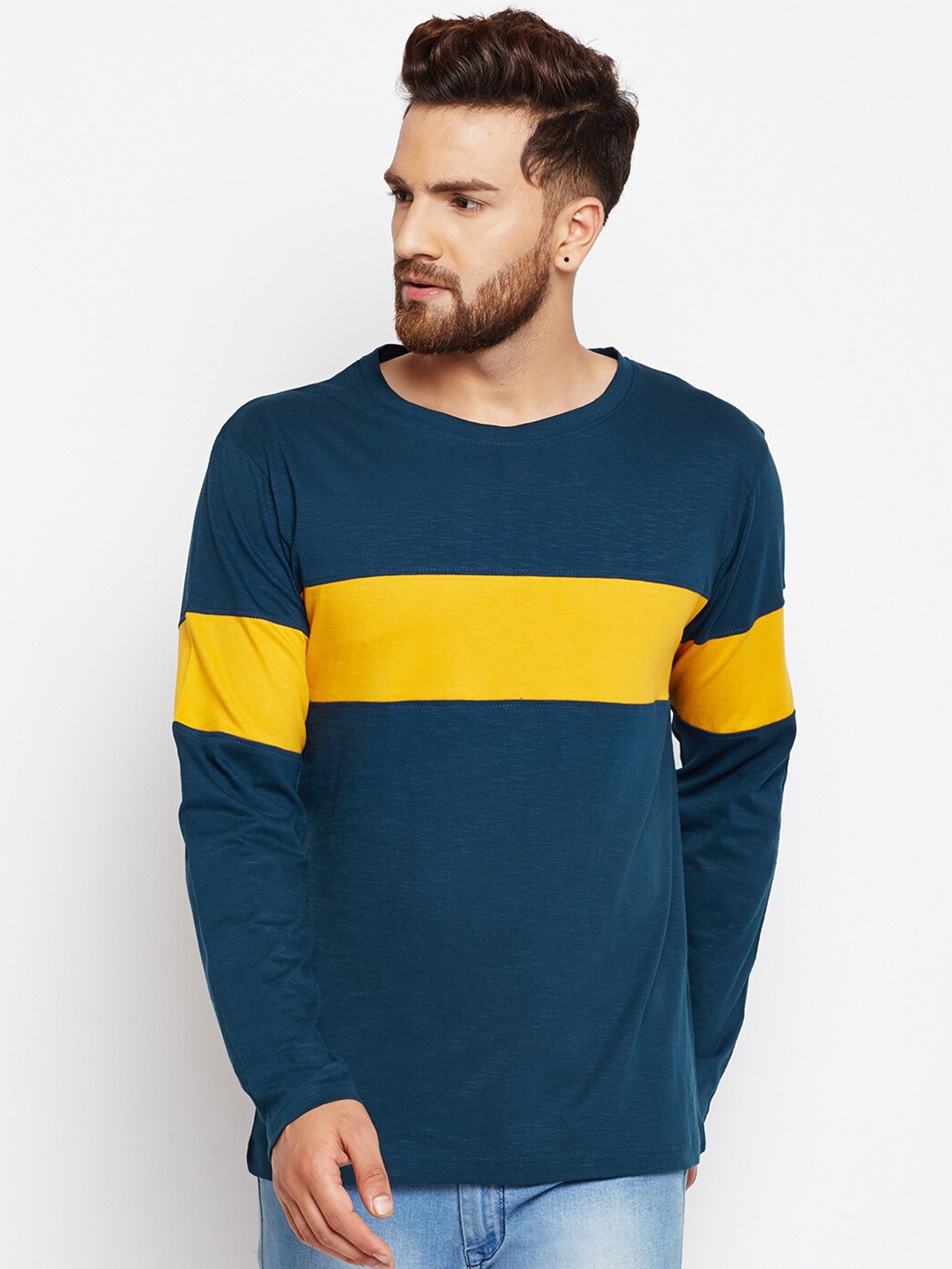 

The Dry State Men Teal Blue & Yellow Colourblocked Slim Fit Cotton T-shirt