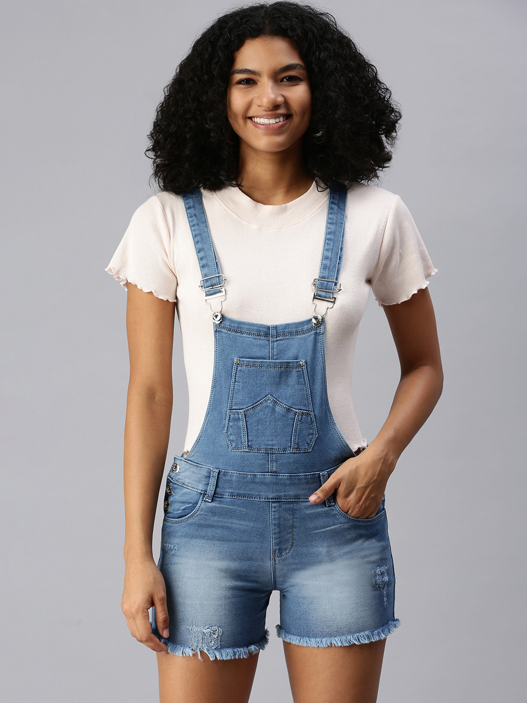 

SHOWOFF Women Blue Solid Short Denim Dungaree