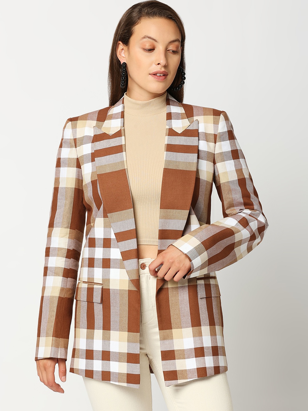 

Remanika Women Brown Checked Cotton Open Front Jacket