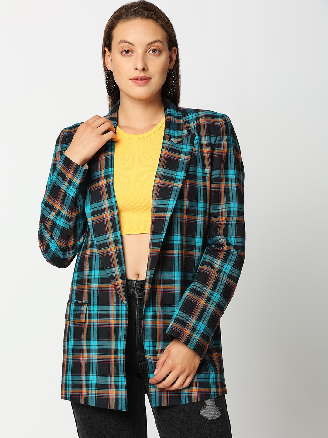 

Remanika Women Blue Checked Cotton Open Front Jacket