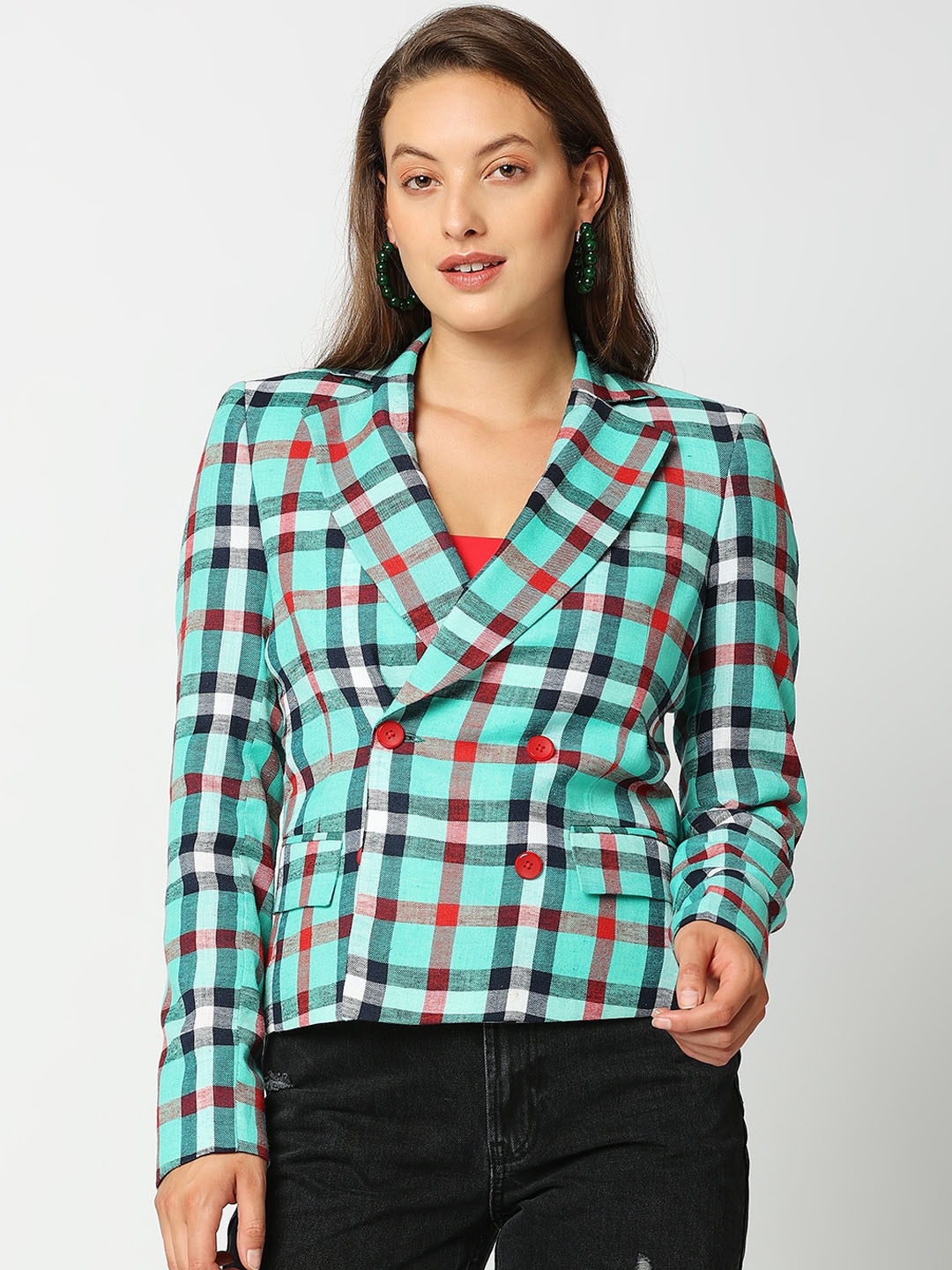 

Remanika Women Green Checked Cotton Crop Tailored Jacket