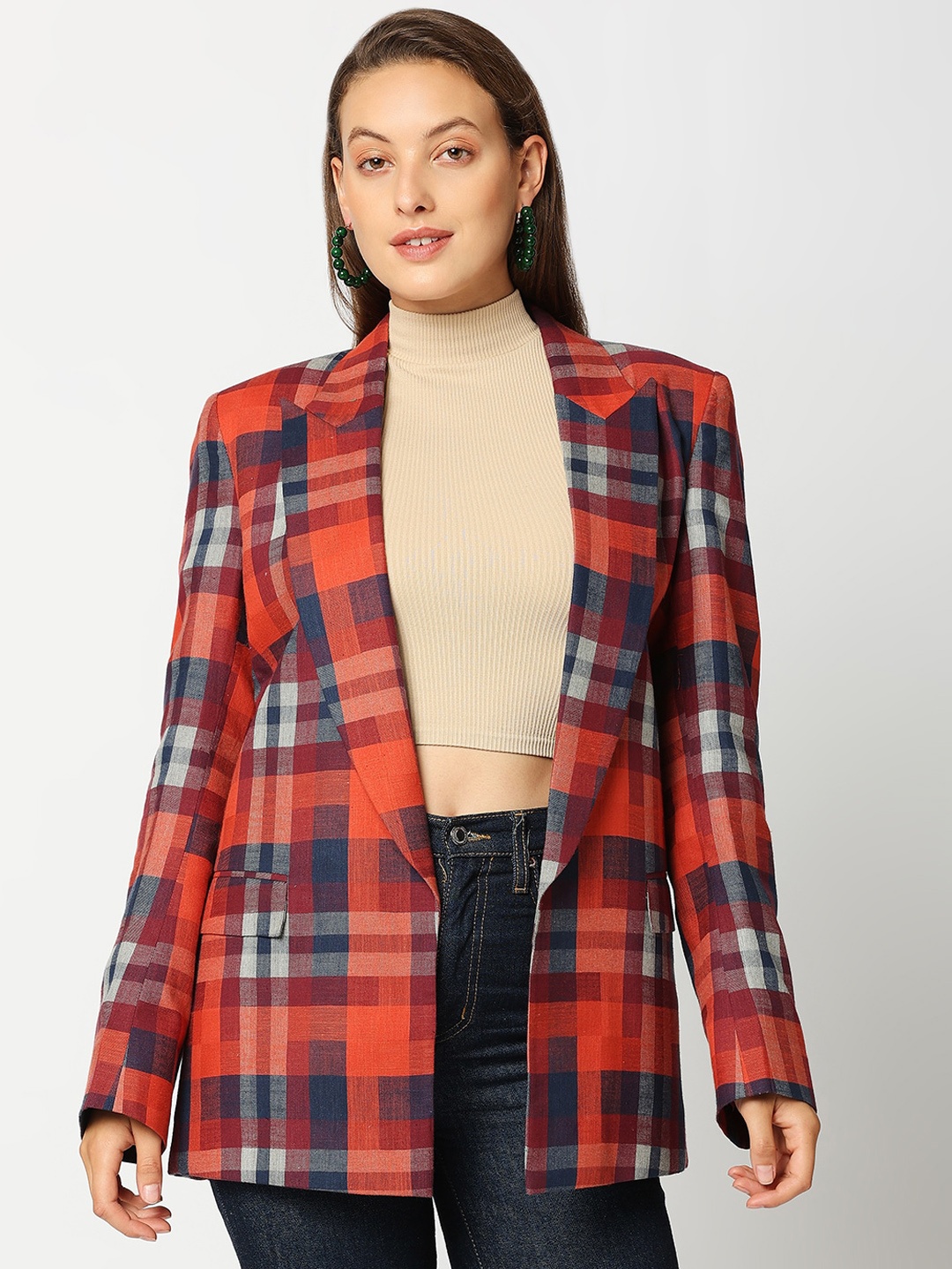 

Remanika Women Red Checked Cotton Open Front Jacket