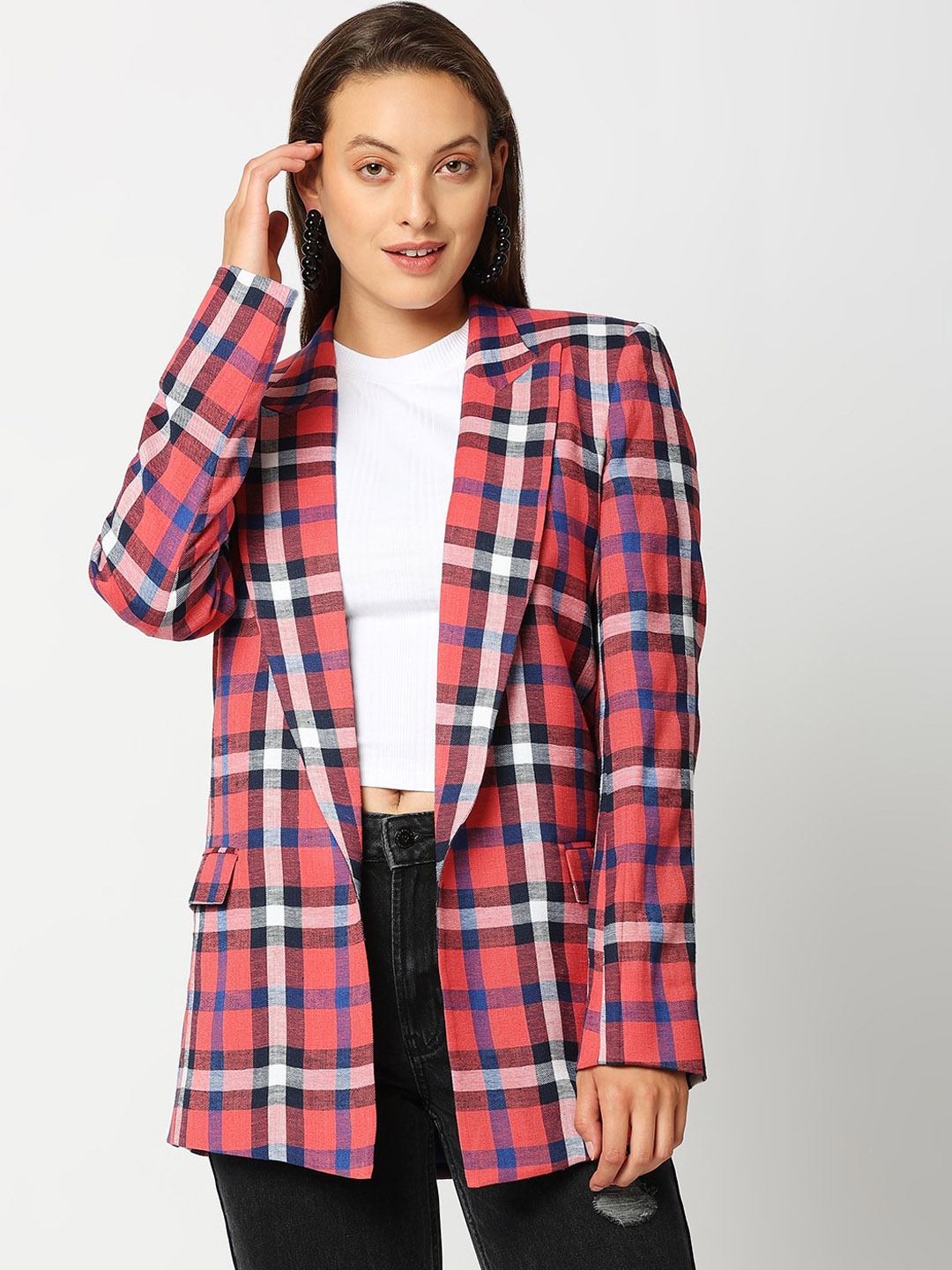 

Remanika Women Red Checked Cotton Open Front Jacket