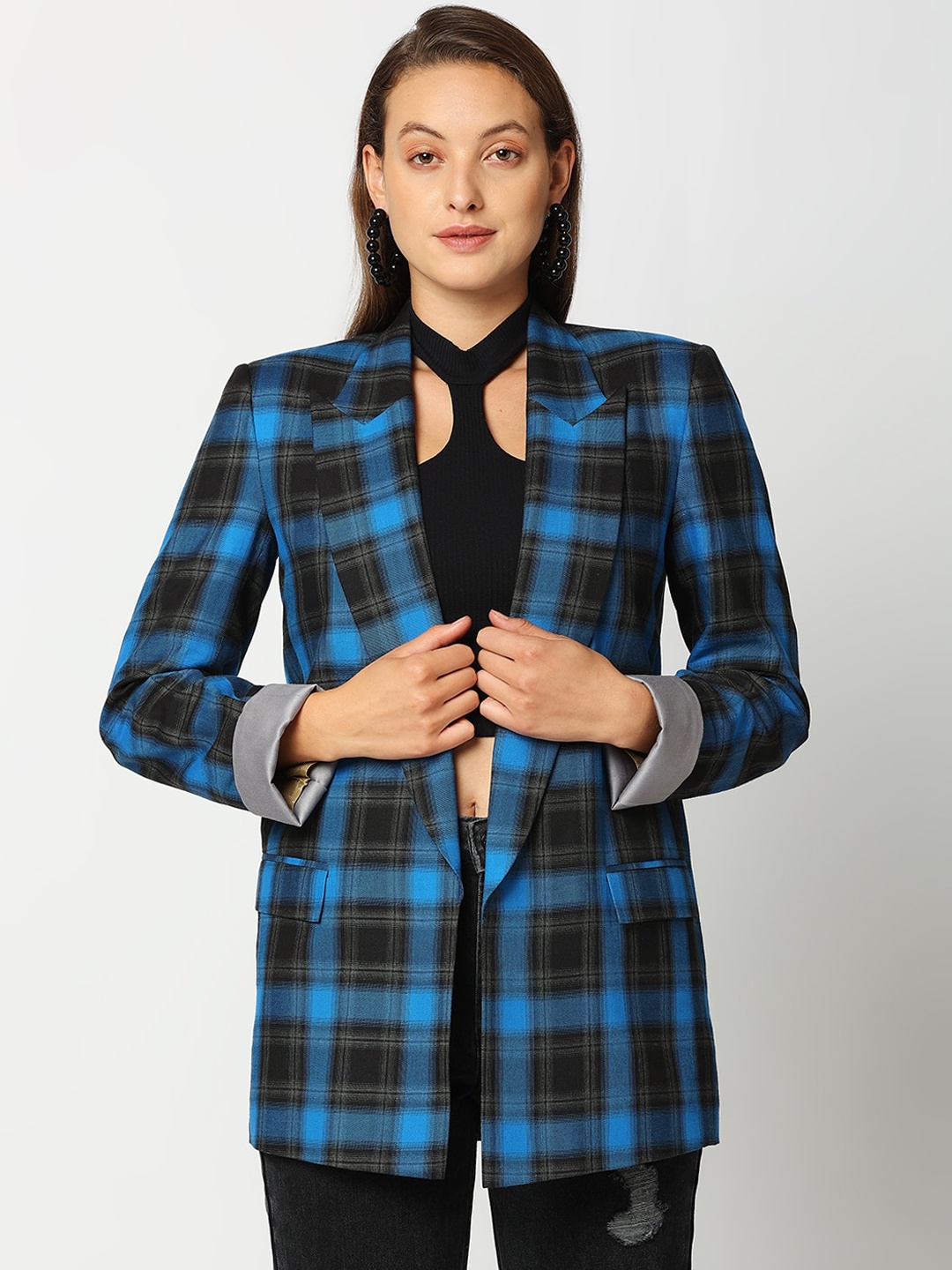 

Remanika Women Blue Checked Cotton Open Front Jacket