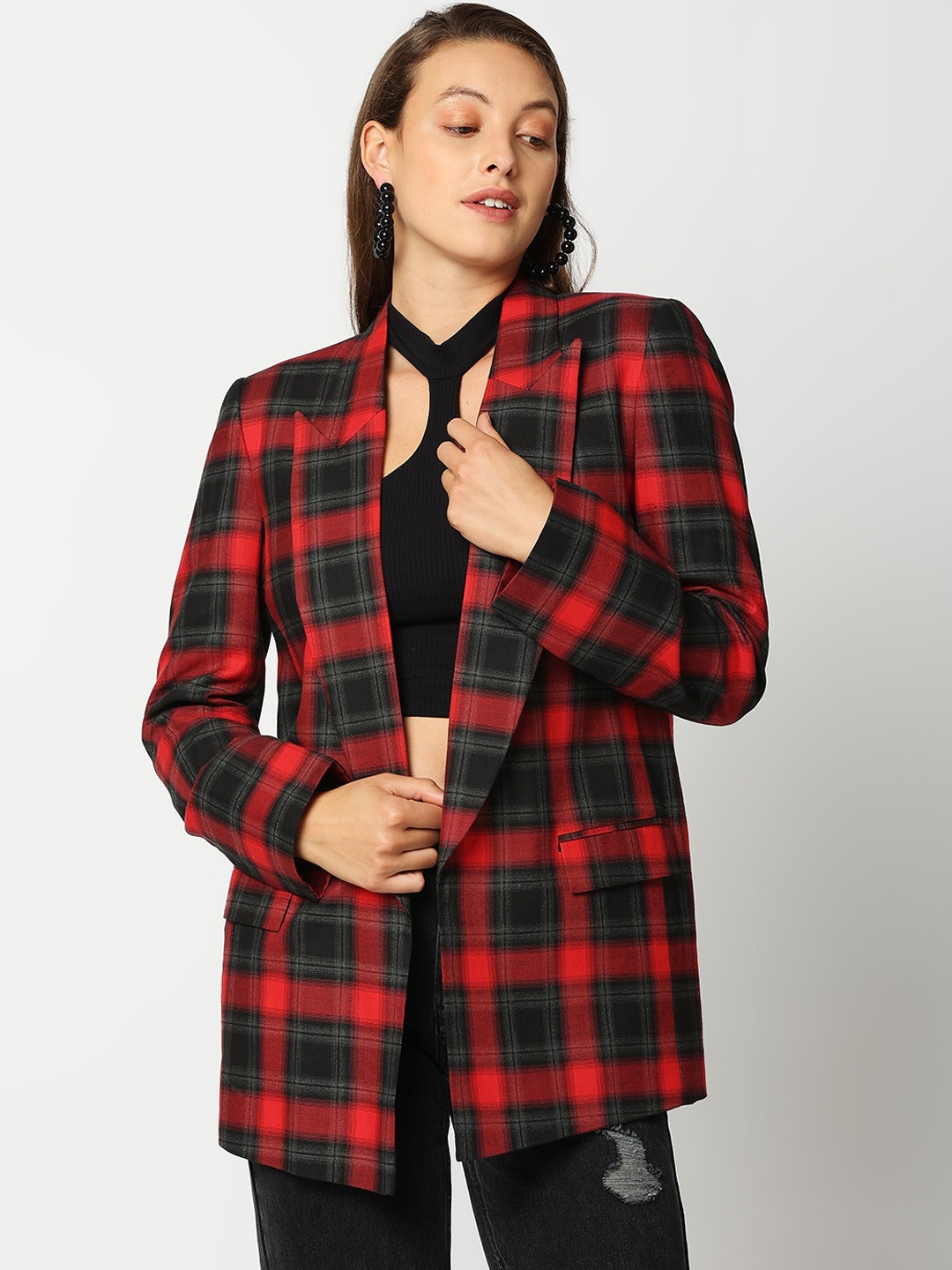 

Remanika Women Brown Checked Cotton Open Front Jacket