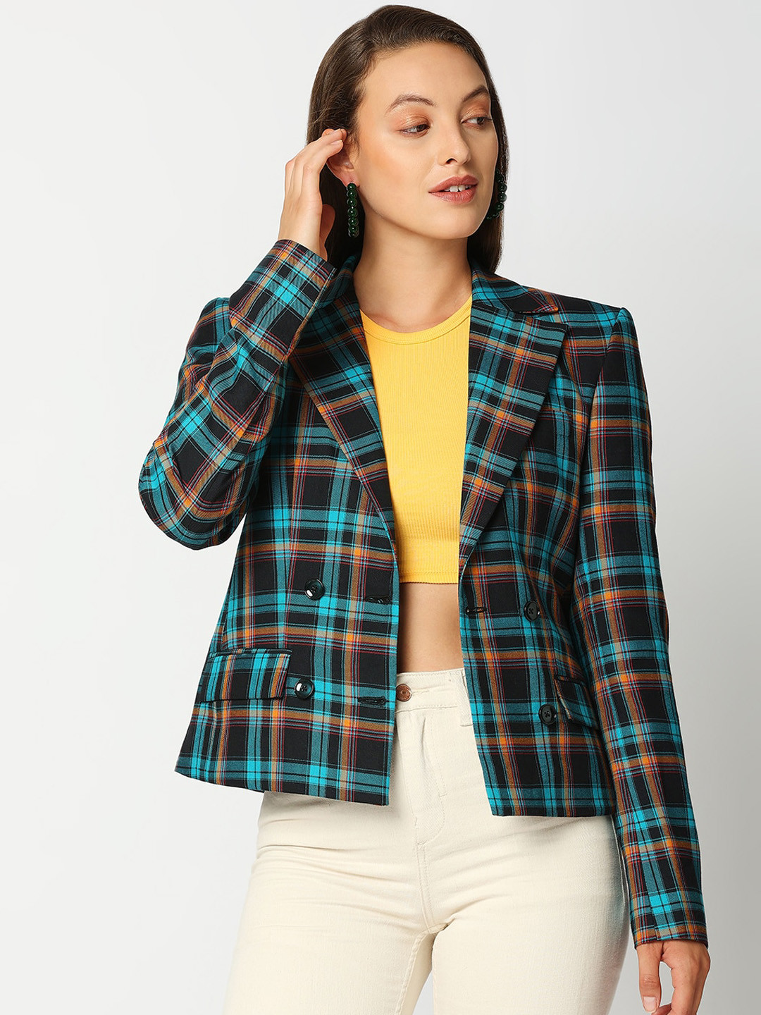 

Remanika Women Blue Geometric Checked Tailored Jacket