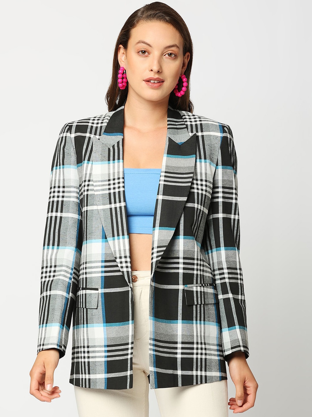 

Remanika Women Black Checked Open Front Jacket