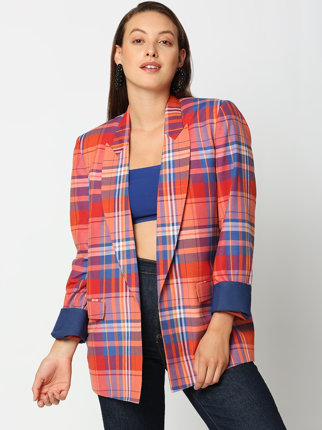 

Remanika Women Orange Checked Open Front Jacket