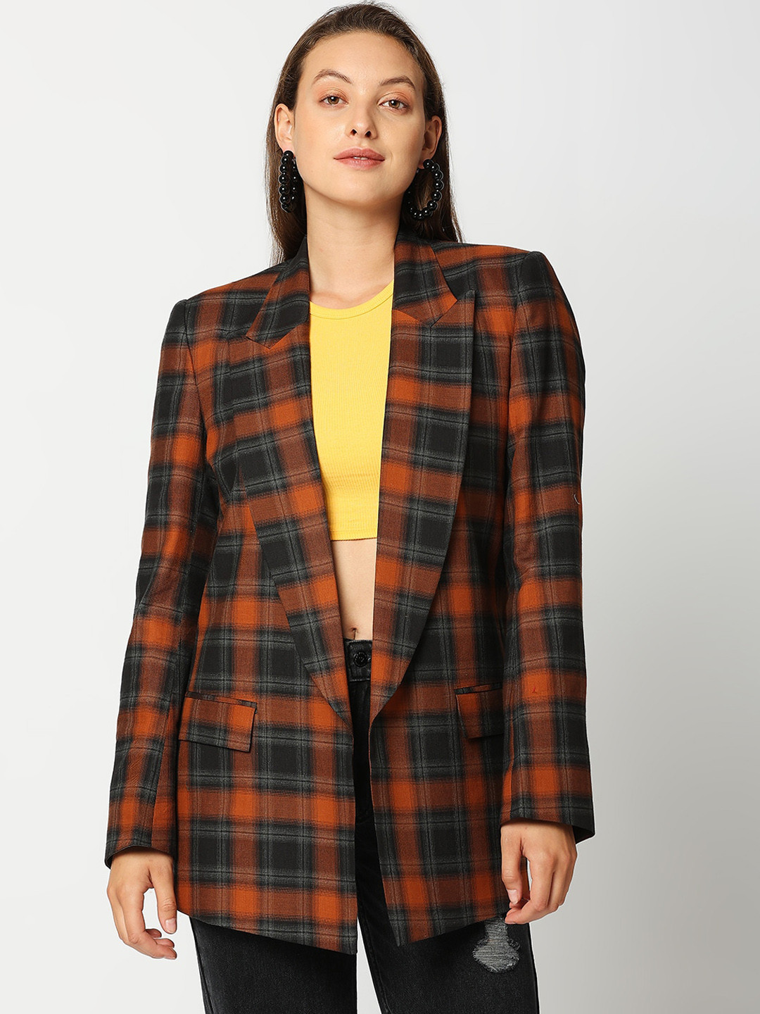 

Remanika Women Red Checked Cotton Open Front Jacket