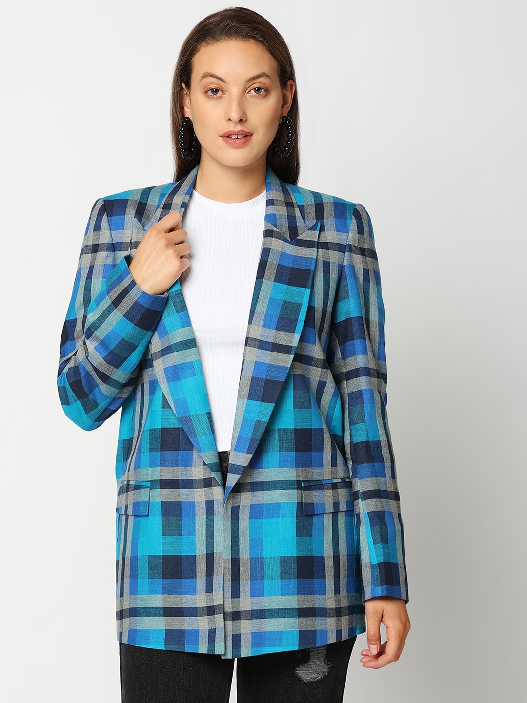 

Remanika Women Blue Checked Cotton Open Front Jacket