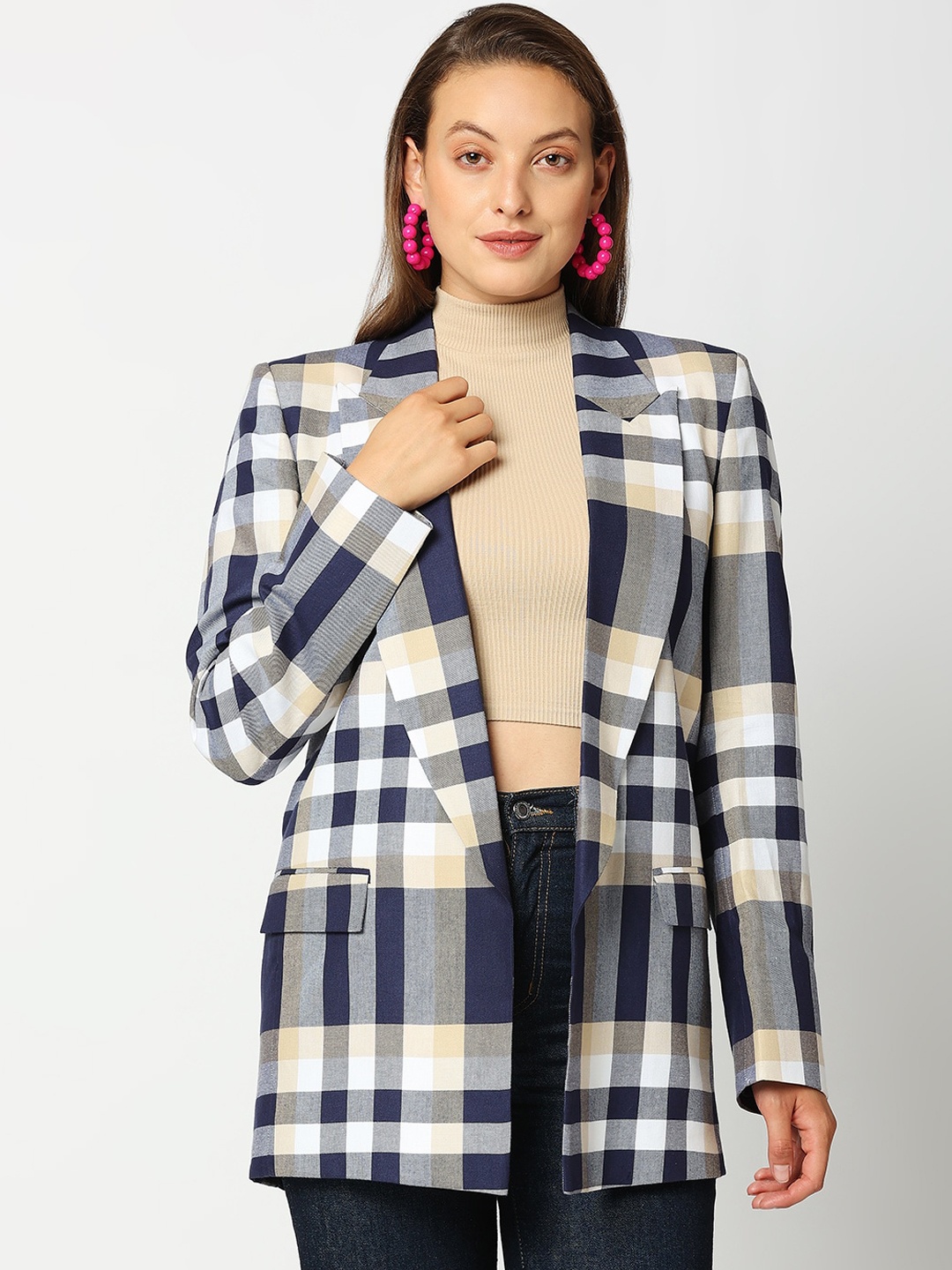 

Remanika Women Blue Checked Cotton Open Front Jacket