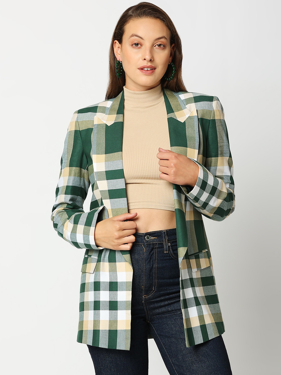 

Remanika Women Green Checked Cotton Open Front Jacket