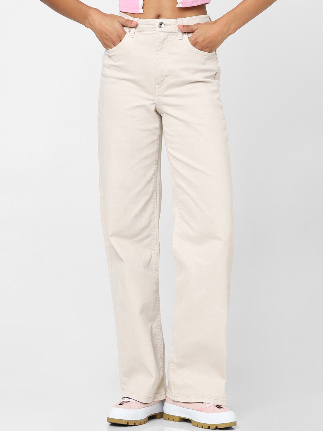 

ONLY Women Off White Straight Fit High-Rise No Fade Cotton Jeans